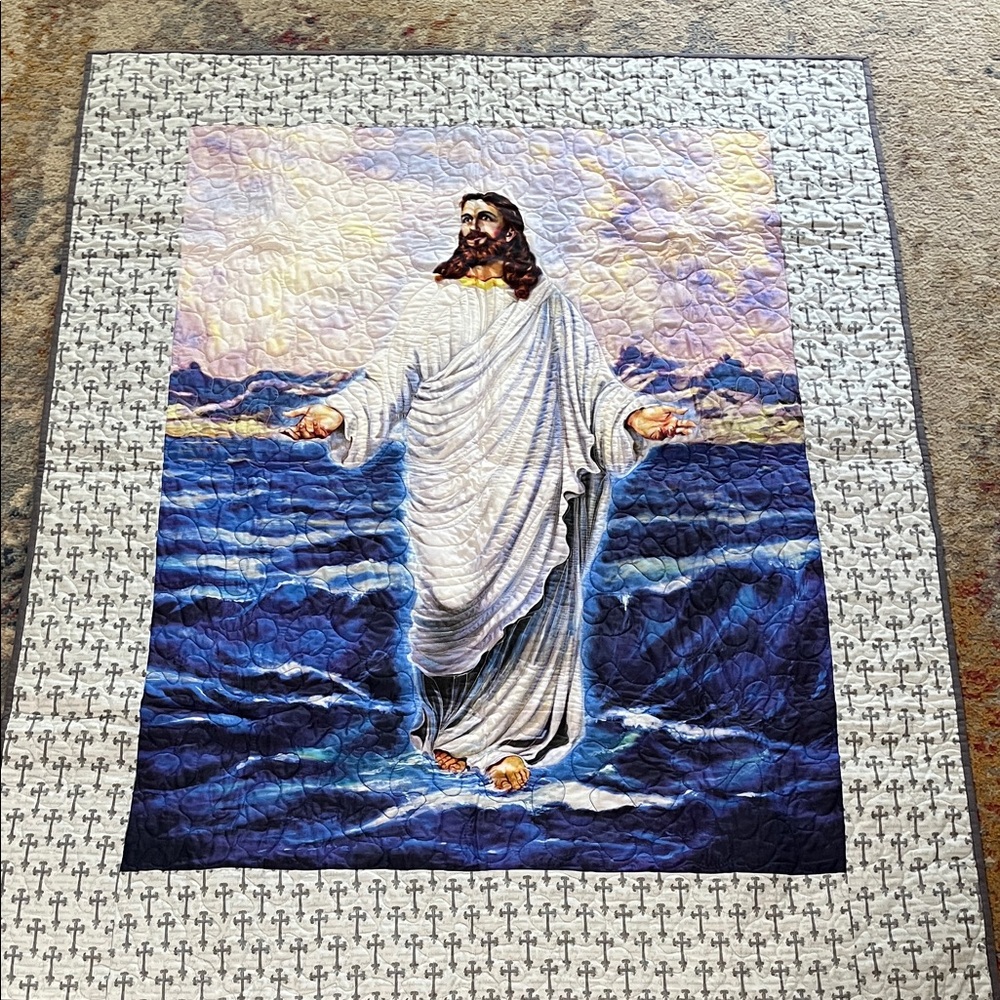 Religious Themed Quilt with Blue and White Design